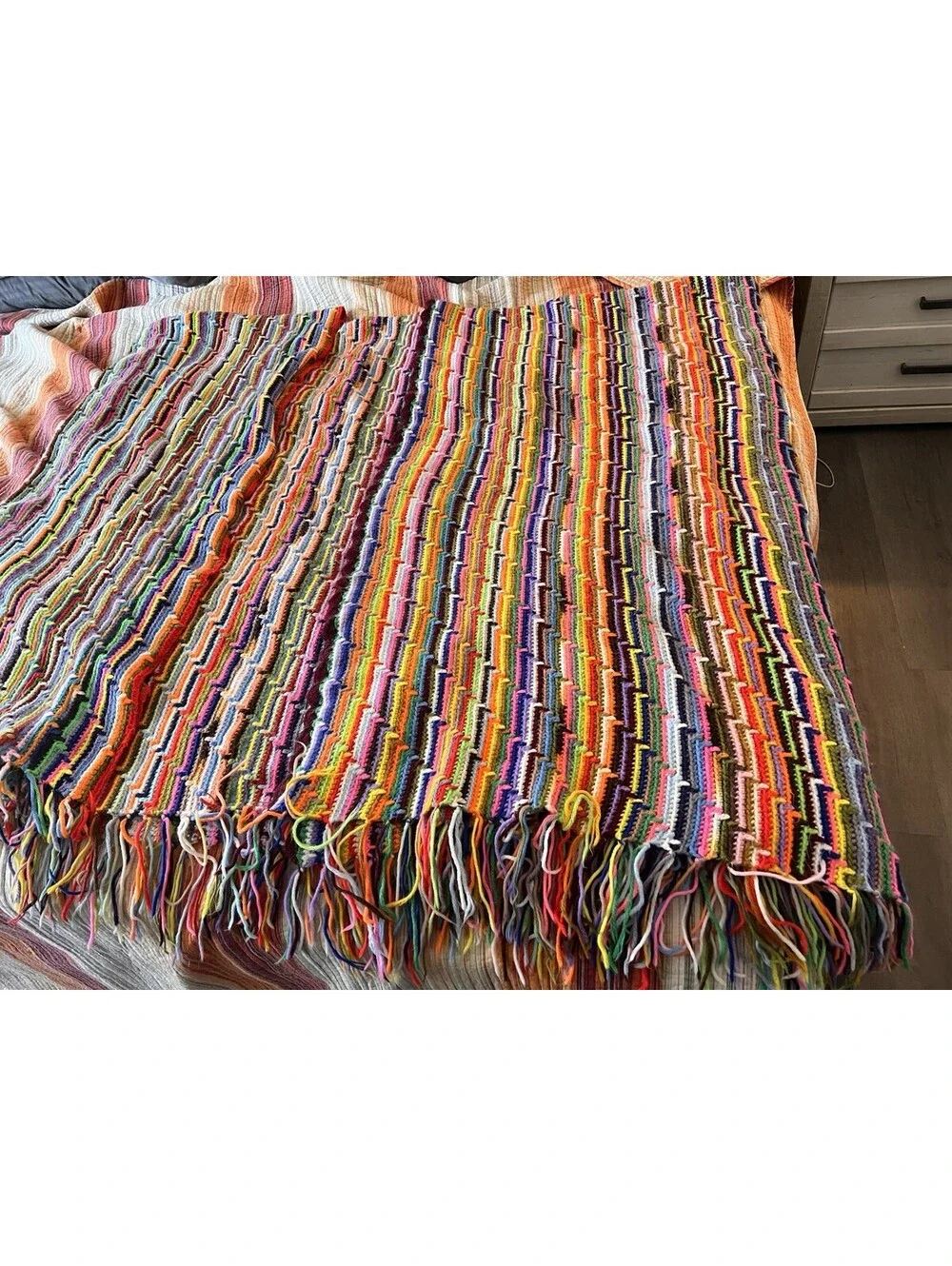 Large Knit Handmade Crocheted Afghan Blanket Rainbow Multi Color 80x92 Inch Vtg
